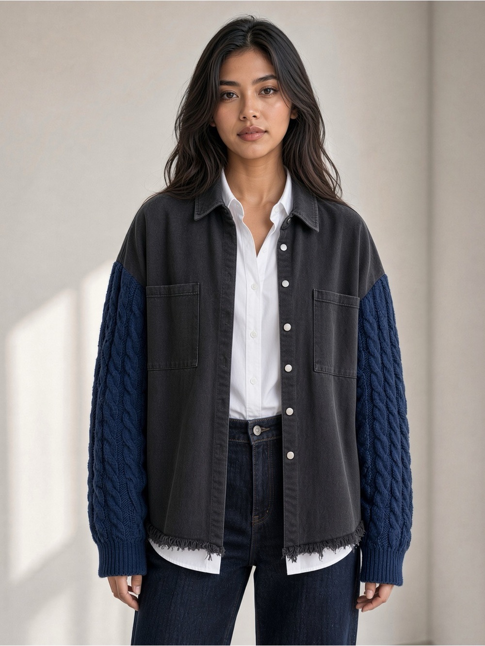 POL DENIM/SWEATER SLEEVE JACKET SHACKET